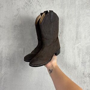 Old West Kids Dark Brown Leather Western Cowboy Boots 1151 Round Toe Size 3Y